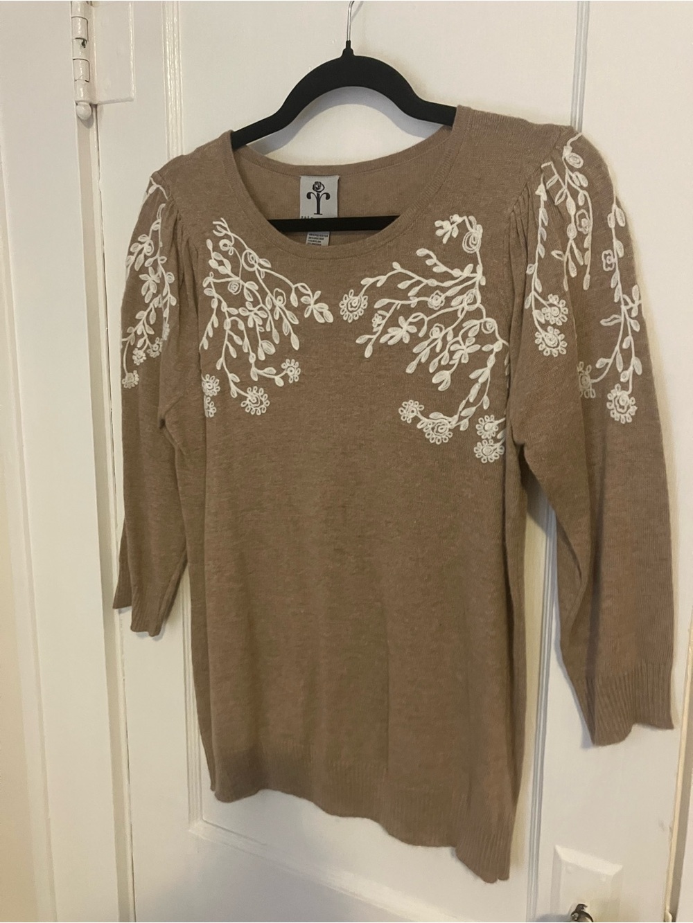 Women's Beige Crewneck Sweater with White Floral Embroidery